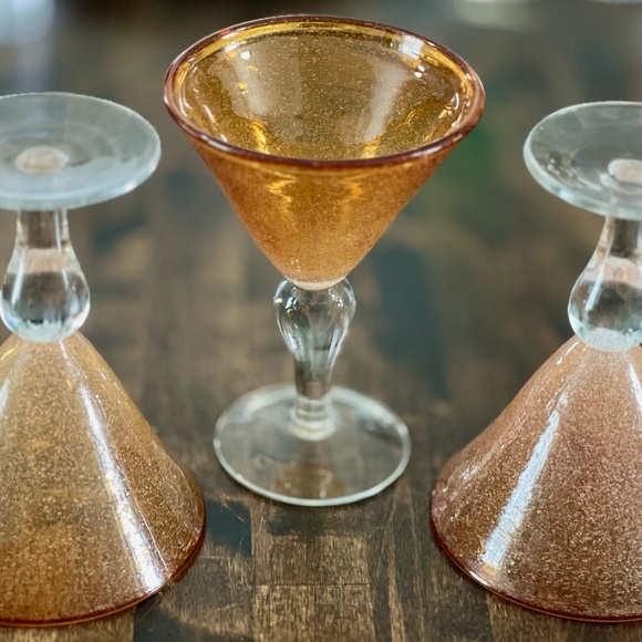 Set of 3 Amber Gold Bubble Martini Glasses Hand-Blown Cocktail Bar - Picture 7 of 8